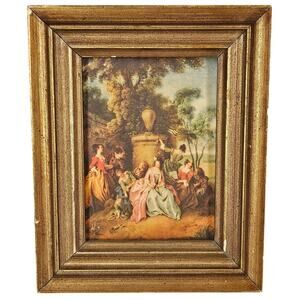 CORONA DECOR CO. SILK PRINT “GATHERING IN A PARK” WOOD FRAME 6" X 4.5" VINTAGE